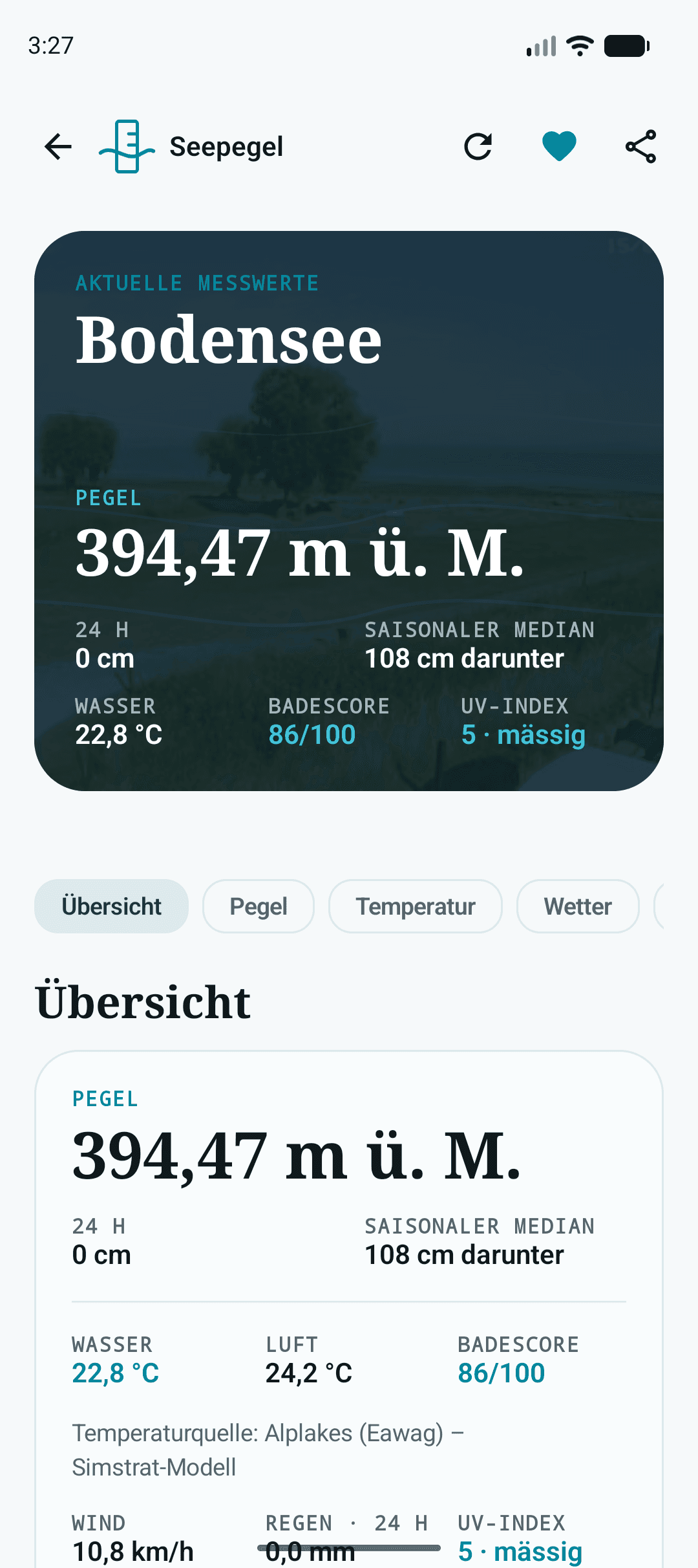 See-Detail mit Pegel, Temperatur, BadeScore und UV in der Seepegel-App