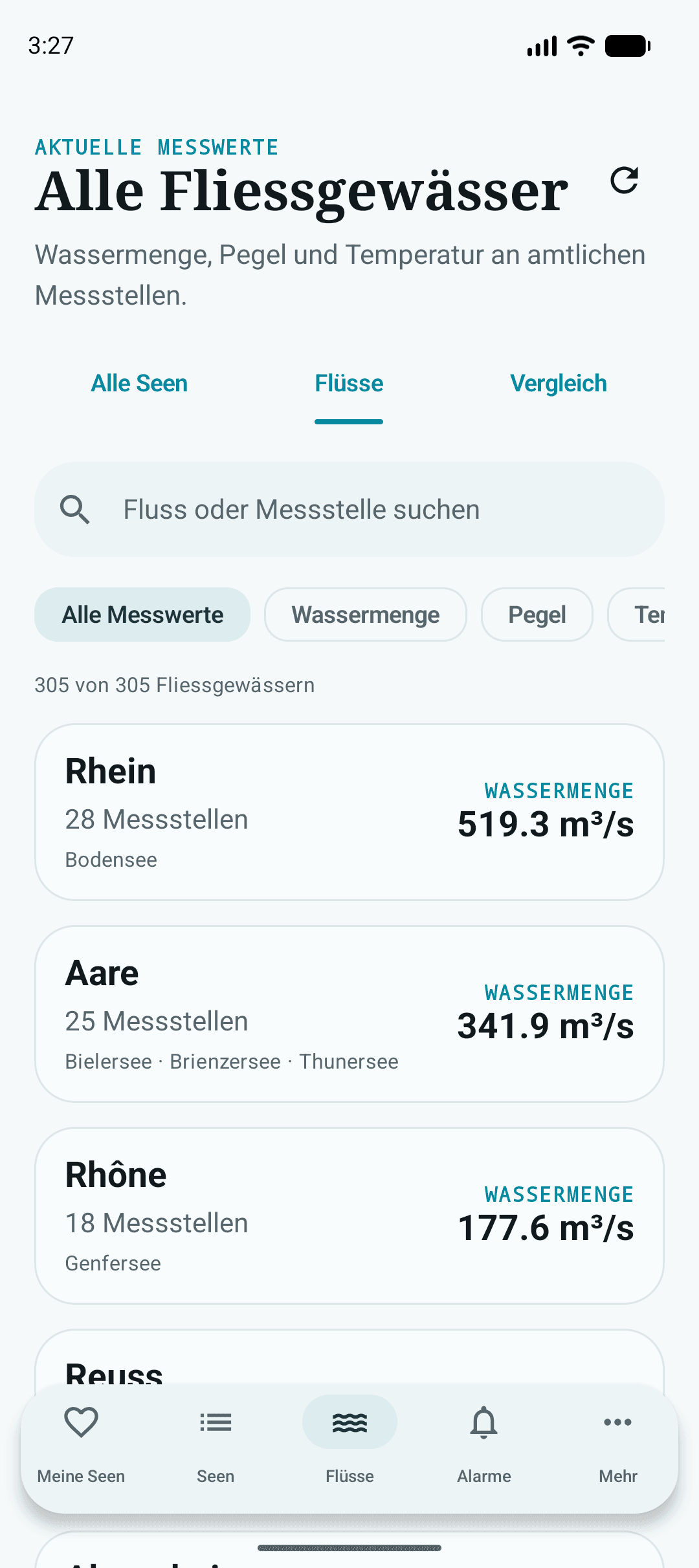 Übersicht Schweizer Flüsse und Messstationen in der Seepegel-App